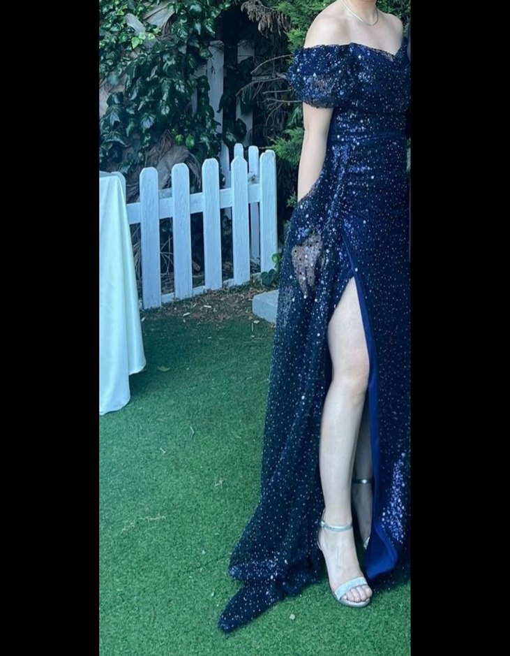 Parlak Lacivert Tasarım 
İşlemeli Uzun Abiye Elbise - Görsel 3