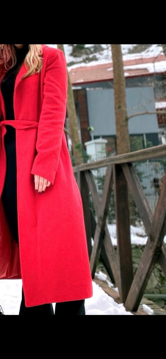 Kırmızı 
Kemerli Uzun Klasik Kadın Kaban - Görsel 2