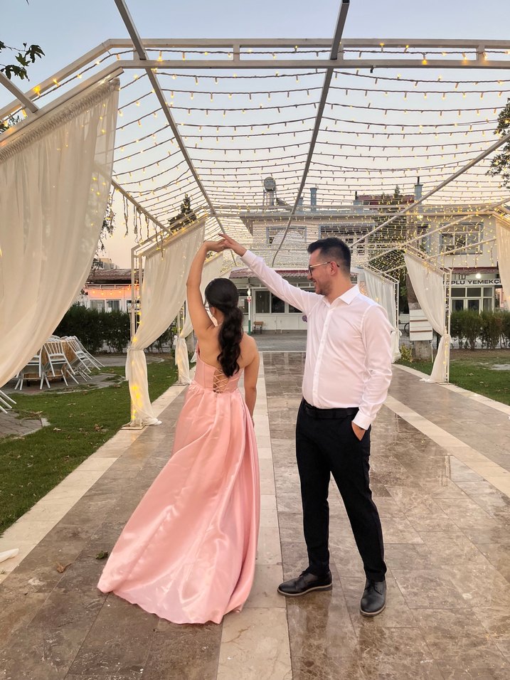 Pudra Pembe Uzun Drapeli Abiye Elbise - Görsel 2