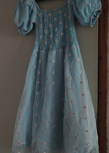 Mavi Nakışlı Mini Bohem Elbise - Görsel 3