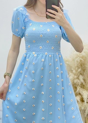 Mavi Nakışlı Mini Bohem Elbise - Görsel 2