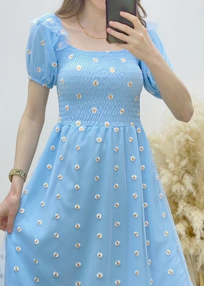 Mavi Nakışlı Mini Bohem Elbise - Görsel 2