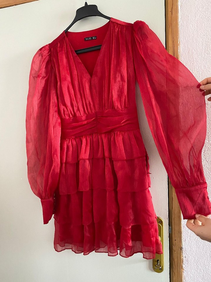 Kırmızı Fırfırlı Mini Elbise - Görsel 2