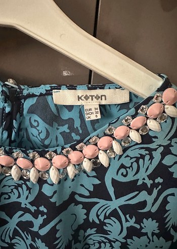 Koton Boncuk Detaylı Turkuaz Bohem Kısa Kollu Bluz