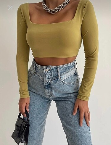 Crop kare yaka bluz yağ yeşili m beden