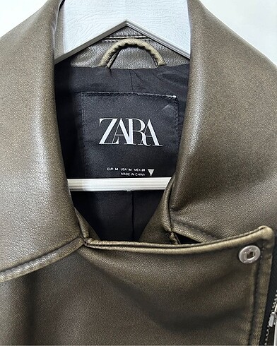 m Beden haki Renk ZARA CROP DERİ CEKET