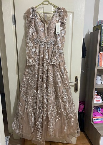 Bej İşlemeli Dantel Uzun Bohem Abiye Elbise - Görsel 2