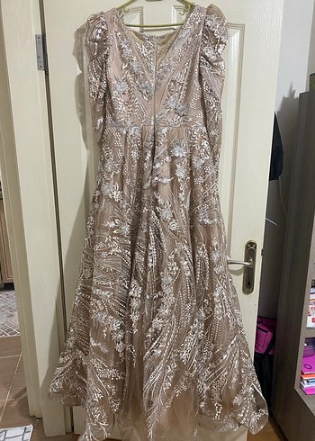 Bej İşlemeli Dantel Uzun Bohem Abiye Elbise - Görsel 5