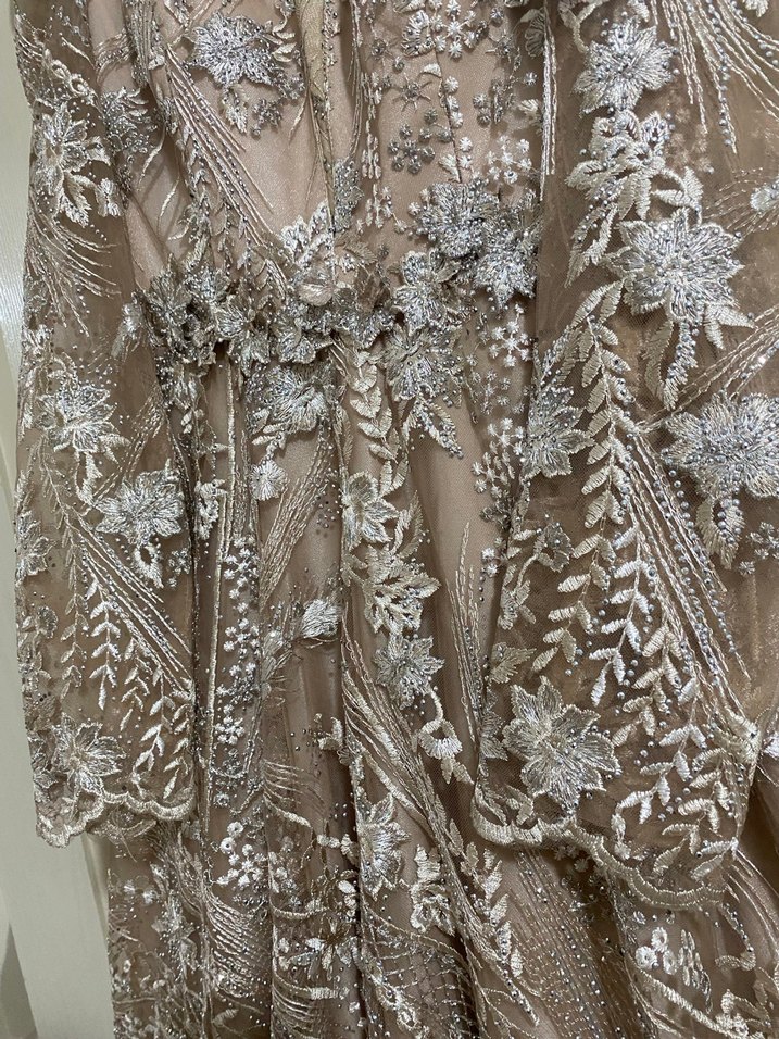 Bej İşlemeli Dantel Uzun Bohem Abiye Elbise - Görsel 4