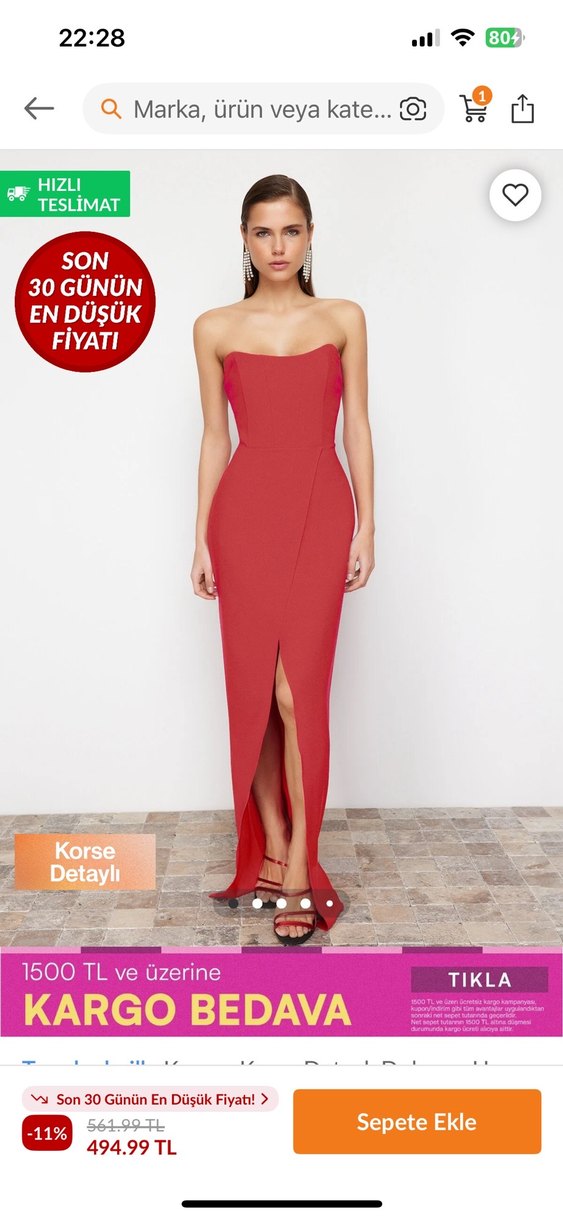 Uzun Kırmızı Straplez Elbise - Görsel 3