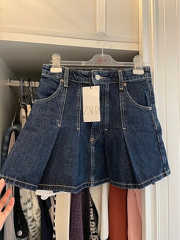 Zara pileli denim etek