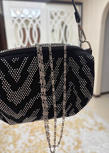 Siyah Deri Zebra Desenli Payetli Kadın Çanta - Görsel 7
