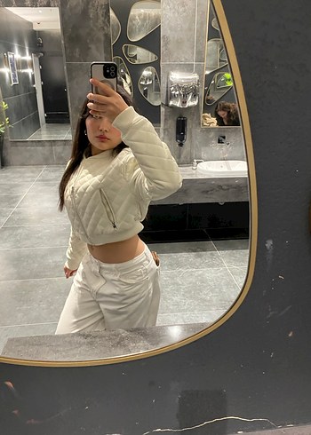 Beyaz Deri Bomber Kadın Ceket - Görsel 7