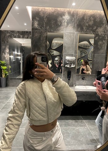 Beyaz Deri Bomber Kadın Ceket - Görsel 6