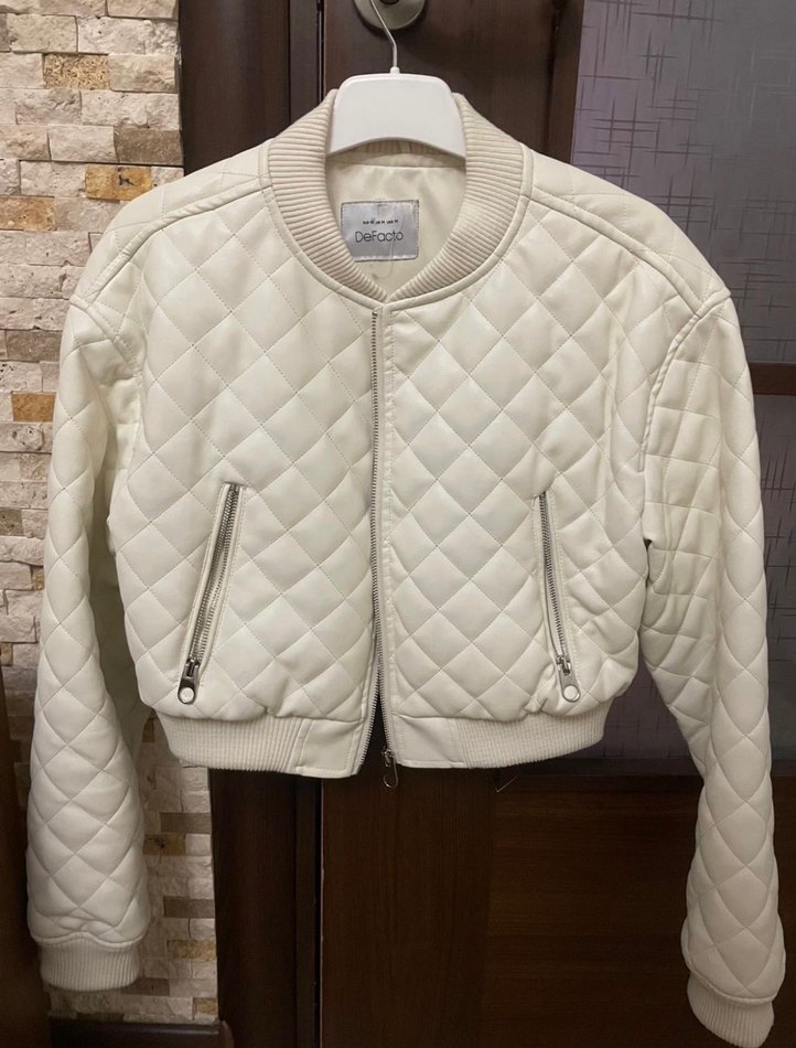 Beyaz Deri Bomber Kadın Ceket - Görsel 3