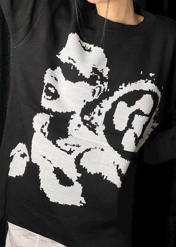 Siyah Baskılı Salaş Triko Skyline Y2K Girl Baskılı   Kazak - Görsel 4