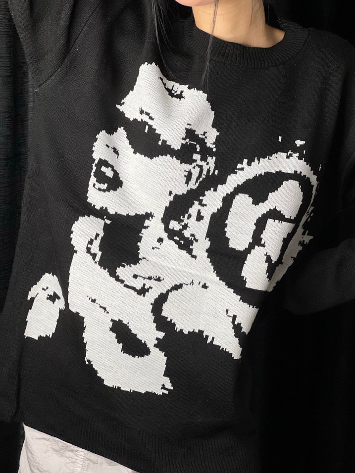 Siyah Baskılı Salaş Triko Skyline Y2K Girl Baskılı   Kazak - Görsel 4