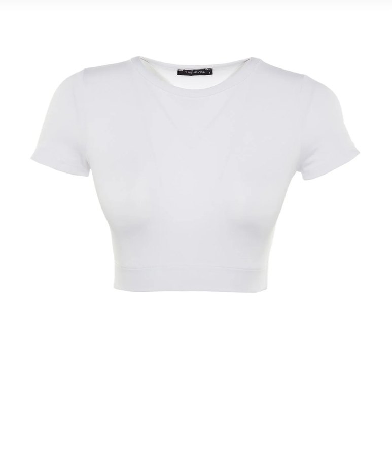 Beyaz Kadın Kısa Kollu Crop Top - Görsel 3