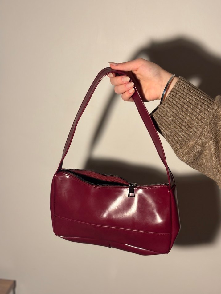 Bordo Deri Fermuarlı Kadın Çanta - Görsel 2