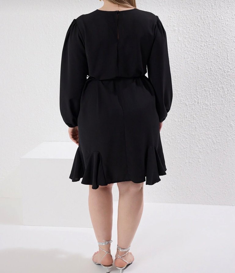 Siyah Midi Boy Kemerli Kadın Elbise - Görsel 3