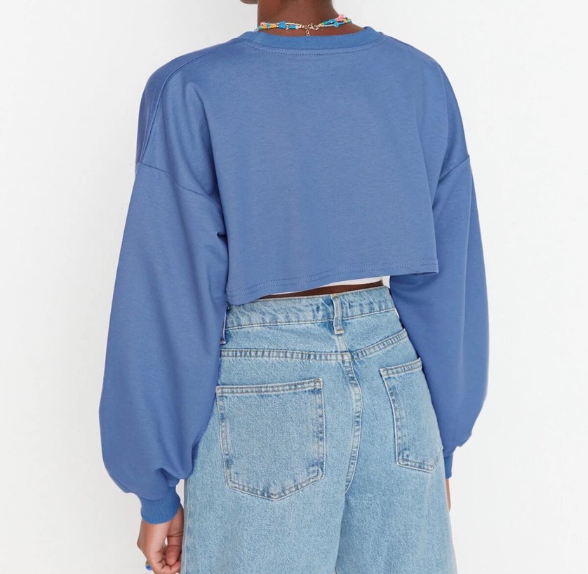 Mavi Uzun Kollu Denim Crop Top - Görsel 2