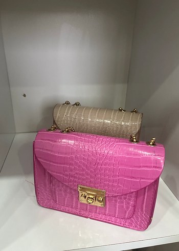 Pembe Yılan Derisi Desenli Deri Kadın Çanta