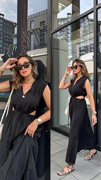 l Beden siyah Renk COS yanları dekolteli keten elbise son 1 adet