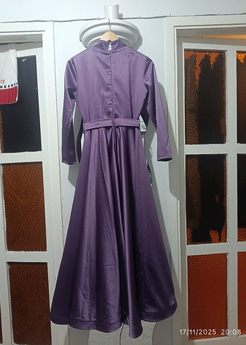 Uzun Mor tesettür abiye Drapeli Kadın Elbise - Görsel 2