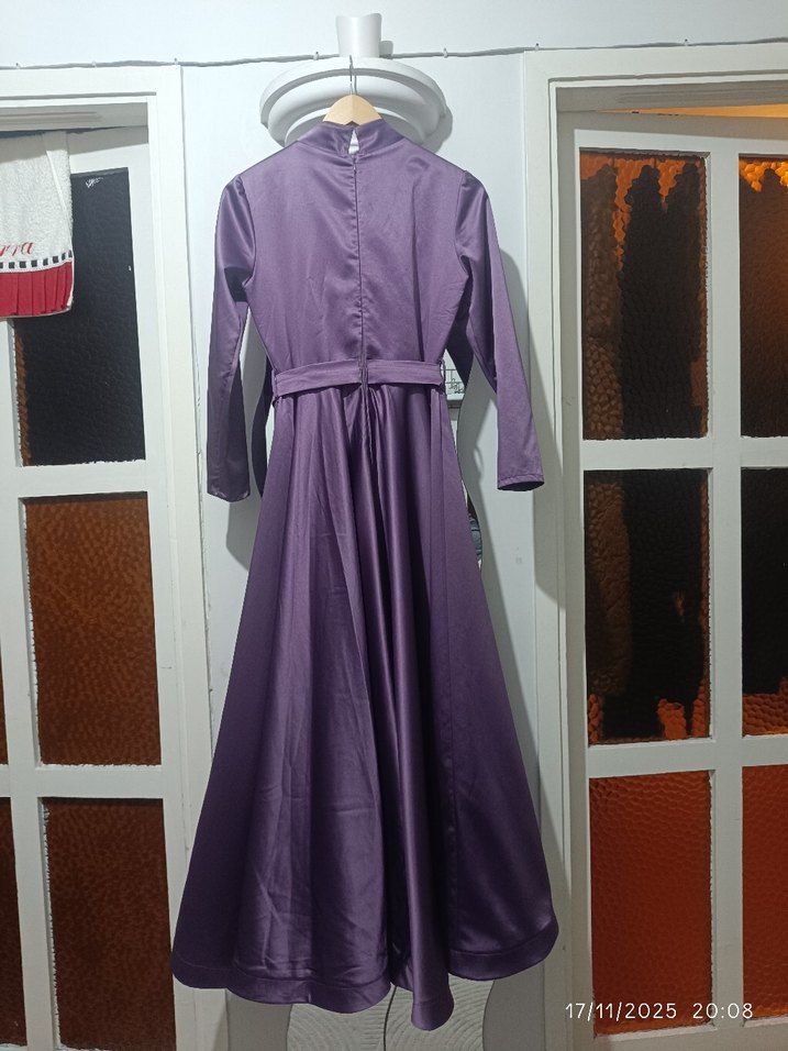 Uzun Mor tesettür abiye Drapeli Kadın Elbise - Görsel 2