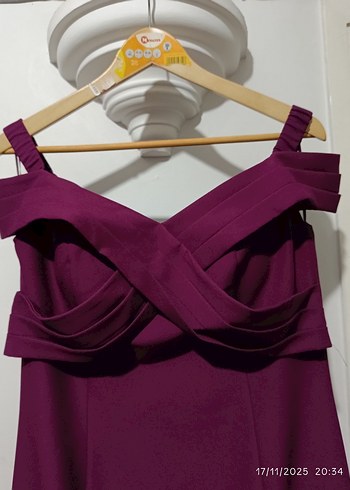 Mürdüm Drapeli Uzun Abiye Elbise - Görsel 3