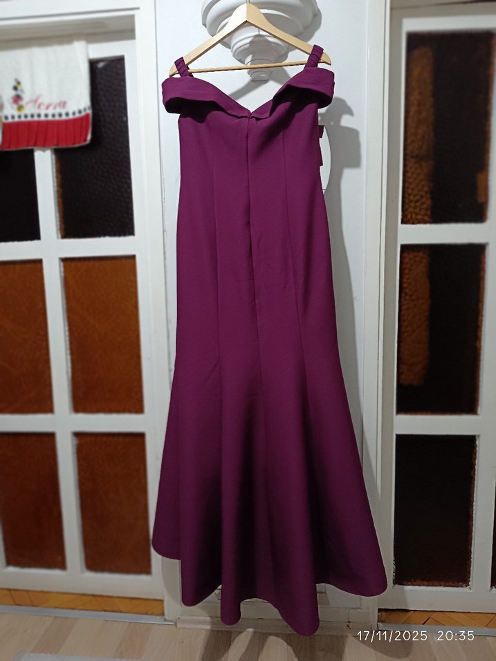 Mürdüm Drapeli Uzun Abiye Elbise - Görsel 2