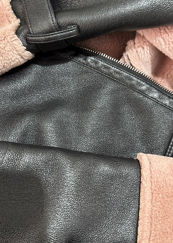 s Beden pembe Renk Kürk Detaylı Kahverengi Deri Biker Ceket s/M uyumlu