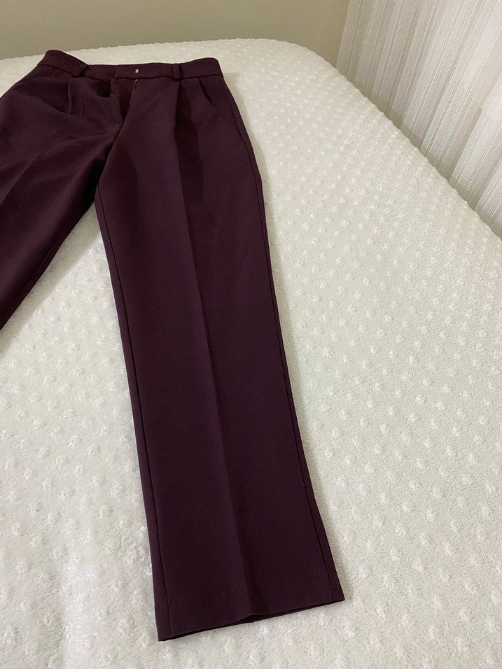 Kadın Bordo Kemerli Midi Kumaş Pantolon - Görsel 2