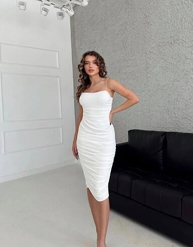 İp askılı drapeli midi elbise