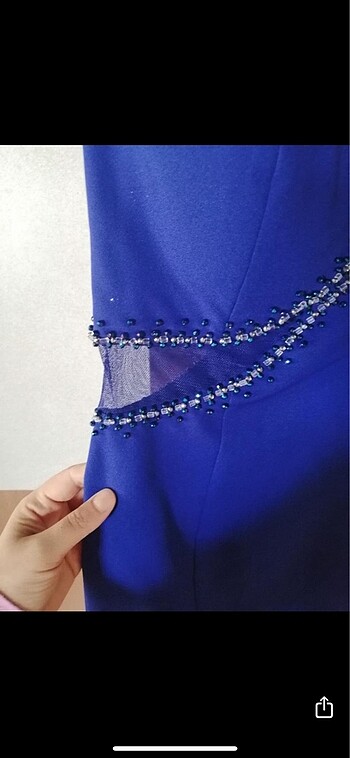 Diğer Saks rengi tül detaylı boncuklu kısa elbise
