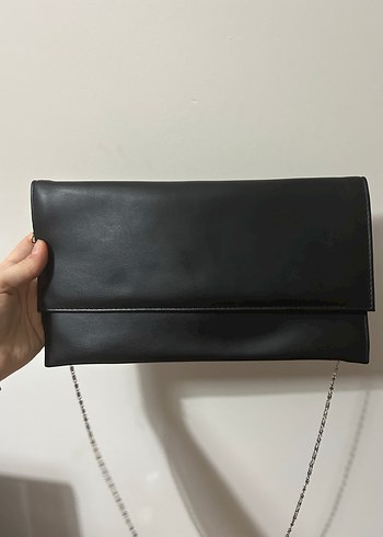 Zincir Detaylı Siyah Deri Kadın Clutch Portföy Çanta - Görsel 2