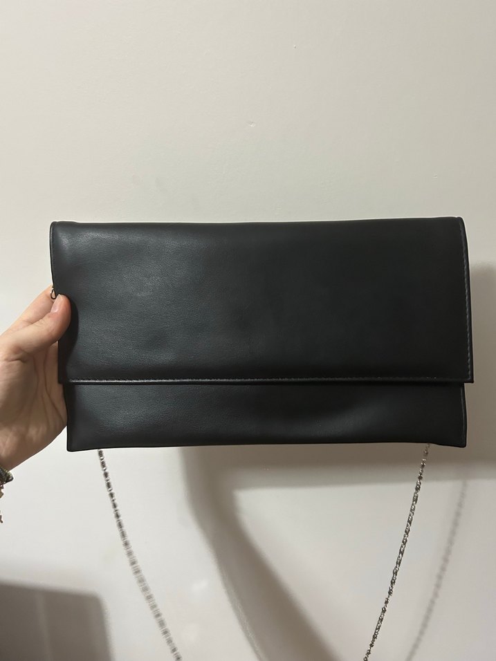 Zincir Detaylı Siyah Deri Kadın Clutch Portföy Çanta - Görsel 2