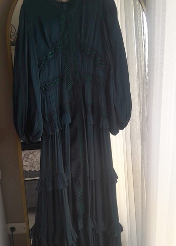 Uzun Kollu Yeşil Bohem Nakışlı Abiye Elbise - Görsel 4