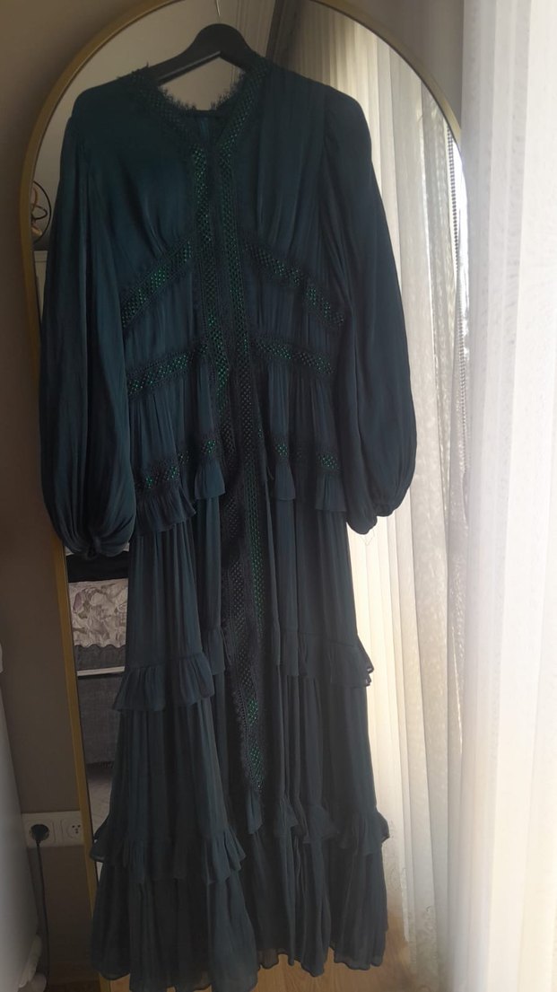 Uzun Kollu Yeşil Bohem Nakışlı Abiye Elbise - Görsel 4