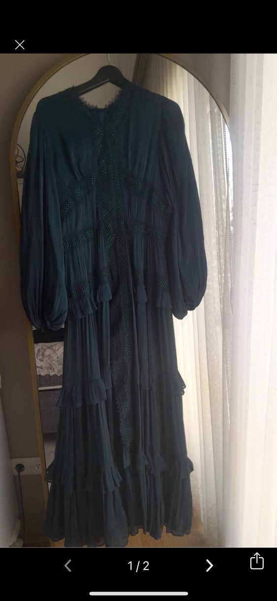 Uzun Kollu Yeşil Bohem Nakışlı Abiye Elbise - Görsel 2