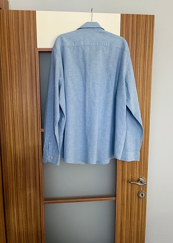 Mavi Keten Erkek Gömlek, Uzun Kollu, Düğmeli - Görsel 2