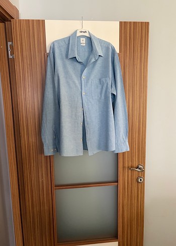 Mavi Keten Erkek Gömlek, Uzun Kollu, Düğmeli - Görsel 3