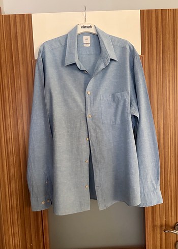 Mavi Keten Erkek Gömlek, Uzun Kollu, Düğmeli - Görsel 4