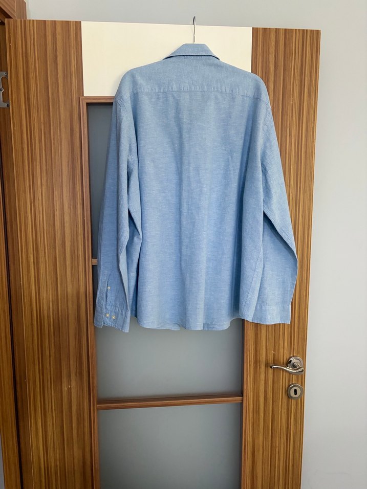 Mavi Keten Erkek Gömlek, Uzun Kollu, Düğmeli - Görsel 2