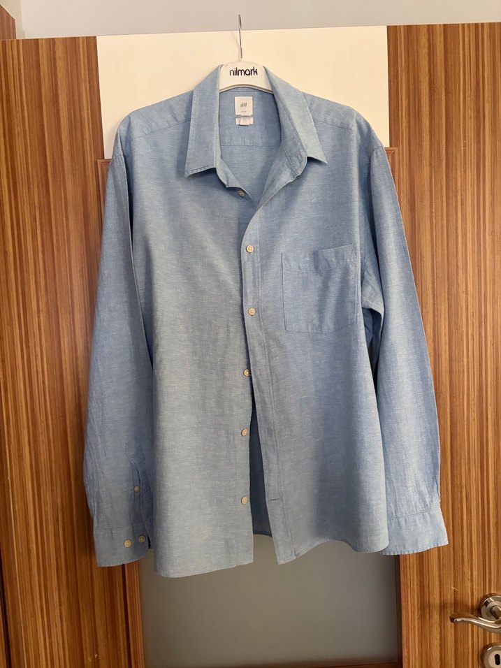 Mavi Keten Erkek Gömlek, Uzun Kollu, Düğmeli - Görsel 4