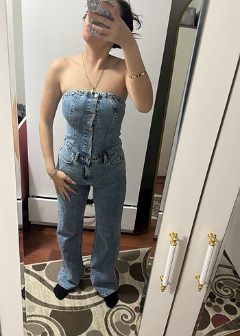 Zara Kadın Gri Mavi Straplez Düğmeli Midi Denim Tulum