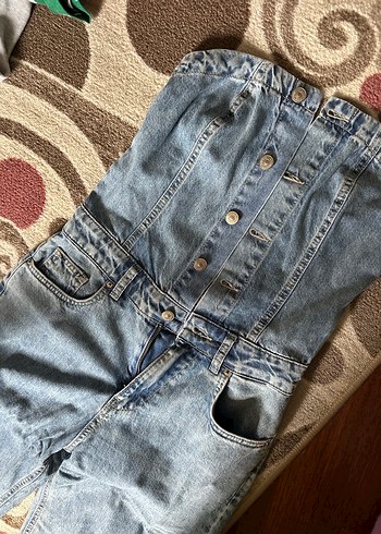 s Beden Kadın Gri Mavi Straplez Düğmeli Midi Denim Tulum