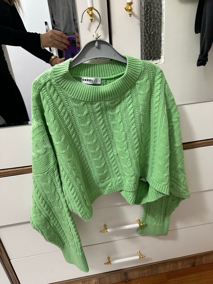 Yeşil Örgü Kadın Kazak, Salaş Mini Kesim - Görsel 2