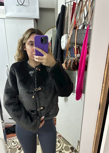 Gri Kadın Kısa Peluş Kürk Ceket - Görsel 3