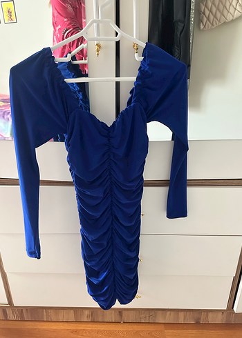 Drapeli V Yakalı Mavi Midi Elbise - Görsel 2